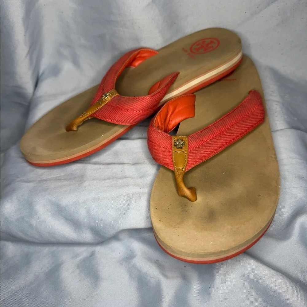 Tory Burch Orange Canvas Flip Flops – Size 8.5